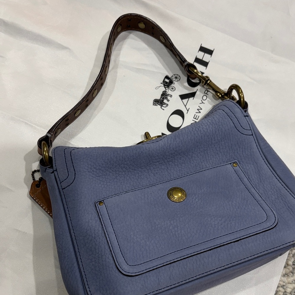 Coach Dusty blue Pebbled Leather Shoulder Bag with Brass Hardware